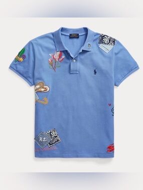 Polo Ralph Lauren New Orleans Embroidered Patchwork Polo Shirt Blue Sz L NWT